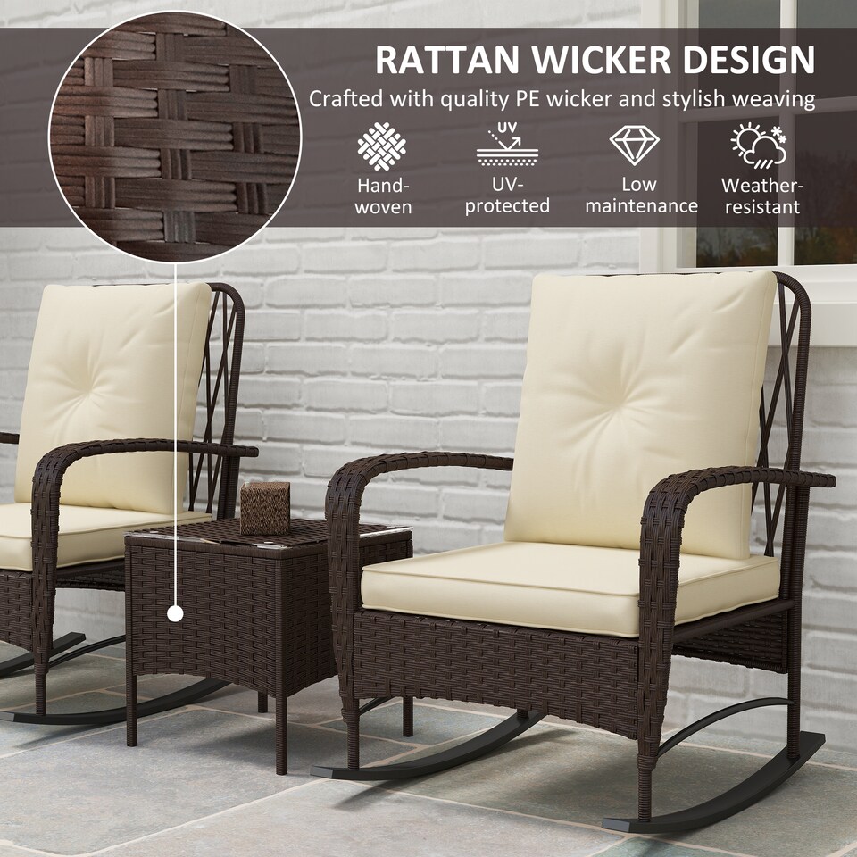 image 1 of Outsunny 3 Pieces Rattan Bistro Set, Wicker Garden Furniture Set with Cushions, Glass Top Coffee Table and Rocking Chairs, Small Balcony Furniture for Outdoor, Porch, Brown