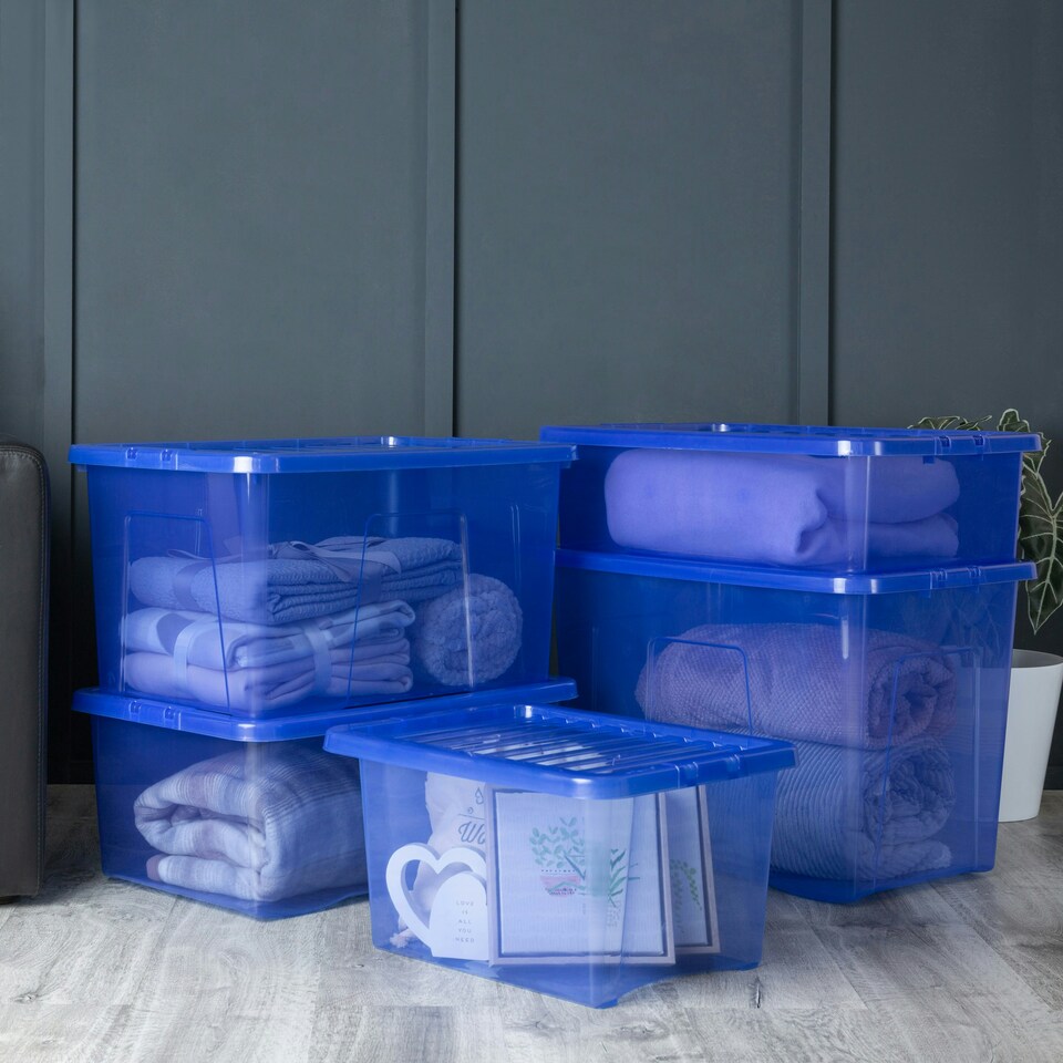 image 1 of Wham Crystal 5 x Multisize Stackable Plastic Storage Boxes with Lids Tint Spectrum Blue Blue