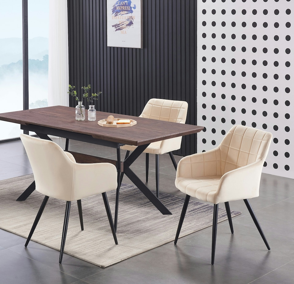 image 1 of Set of 4 Camden Modern Velvet Dining Chairs with Armrests, Quilted Design & Black Metal Legs | Cream