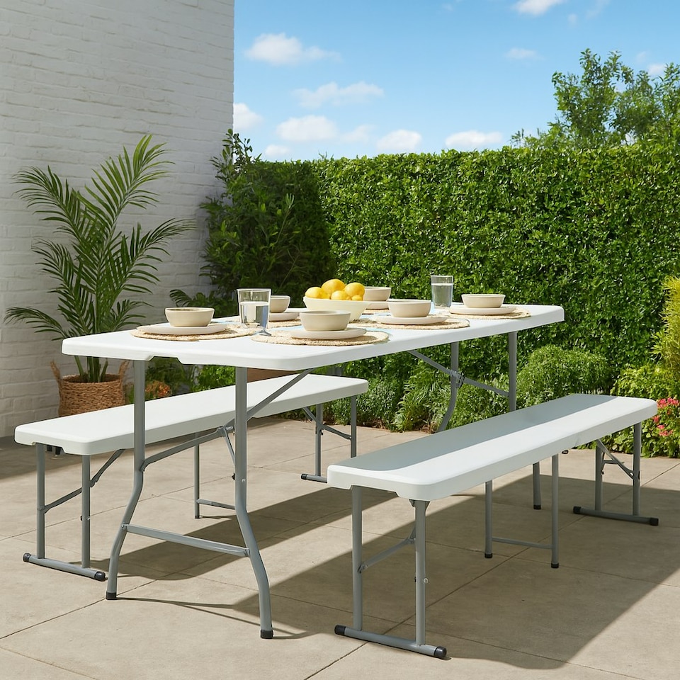 image 1 of Harbour Housewares 4 Person Folding Trestle Bench - 180cm (6ft) - Folding Bench Indoor Bench Outdoor Bench Seat Chair White