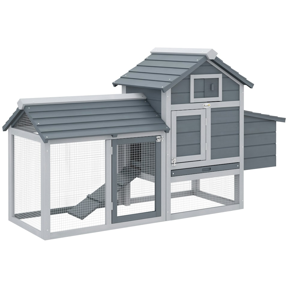image 1 of PawHut Chicken Coop Hen Cage Small Animal Hutch Nesting Box Outdoor Run Grey