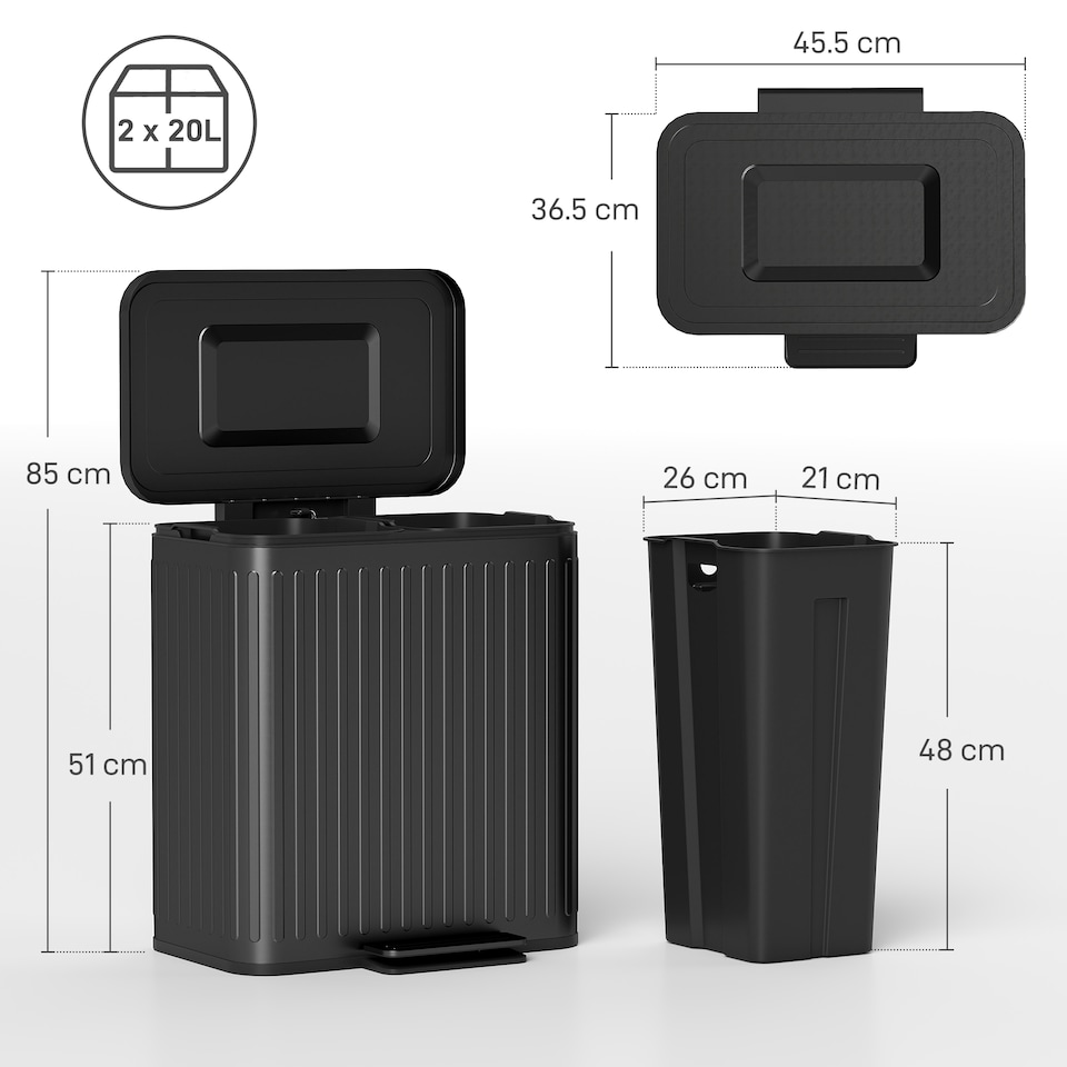 image 1 of HOMCOM Dual Kitchen Bin, 2 x 20L Double Bin for Recycling and Waste, Fingerprint-proof Pedal Bin with Soft-Close Lid, Removable Inner Buckets, Black | Black | 1