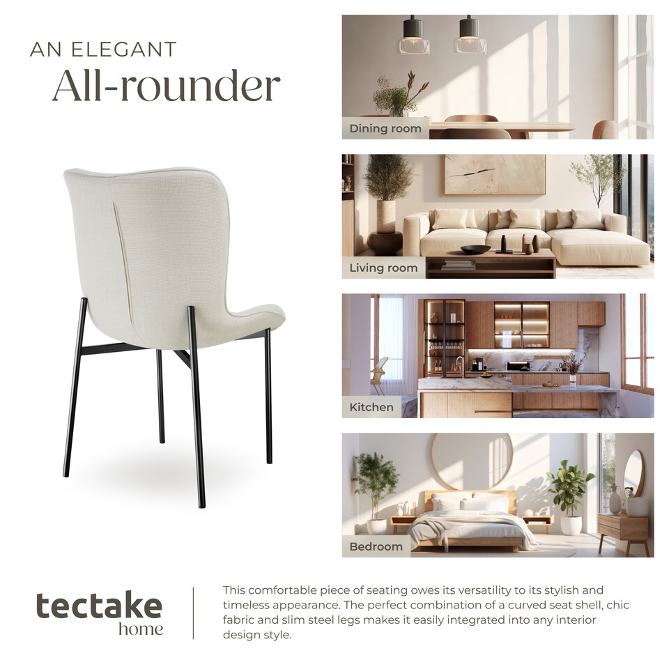 image 1 of Dining Chair Tessa - ergonomic high backrest, slim steel legs, soft fabric | White | Woven fabric off-white/black | 1