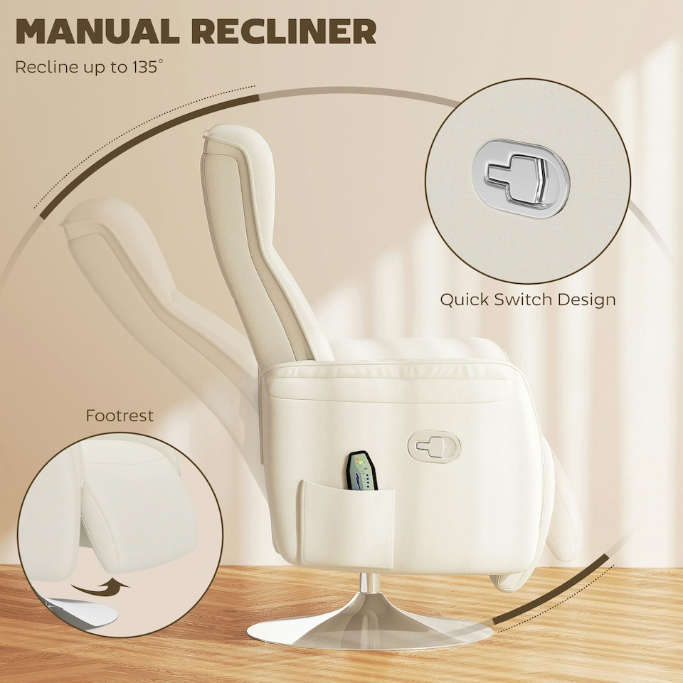 image 1 of HOMCOM Massage Reclining Chair with Adjustable Backrest, Cream White | Multi