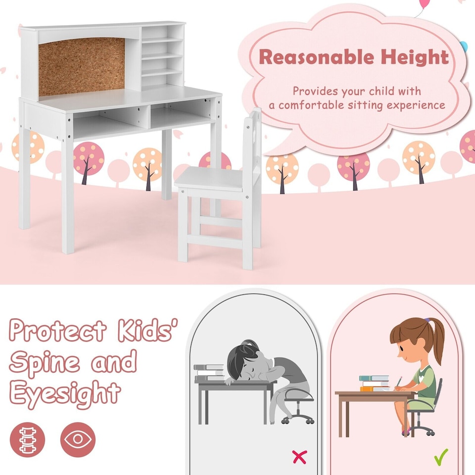 image 1 of COSTWAY Kids Desk and Chair Set Writing Table Set Wooden Children Study Table & Chair