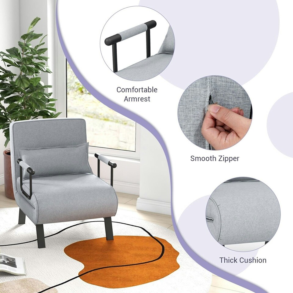 image 1 of COSTWAY Convertible Single Folding Sofa Bed Sleep Chair Grey Grey