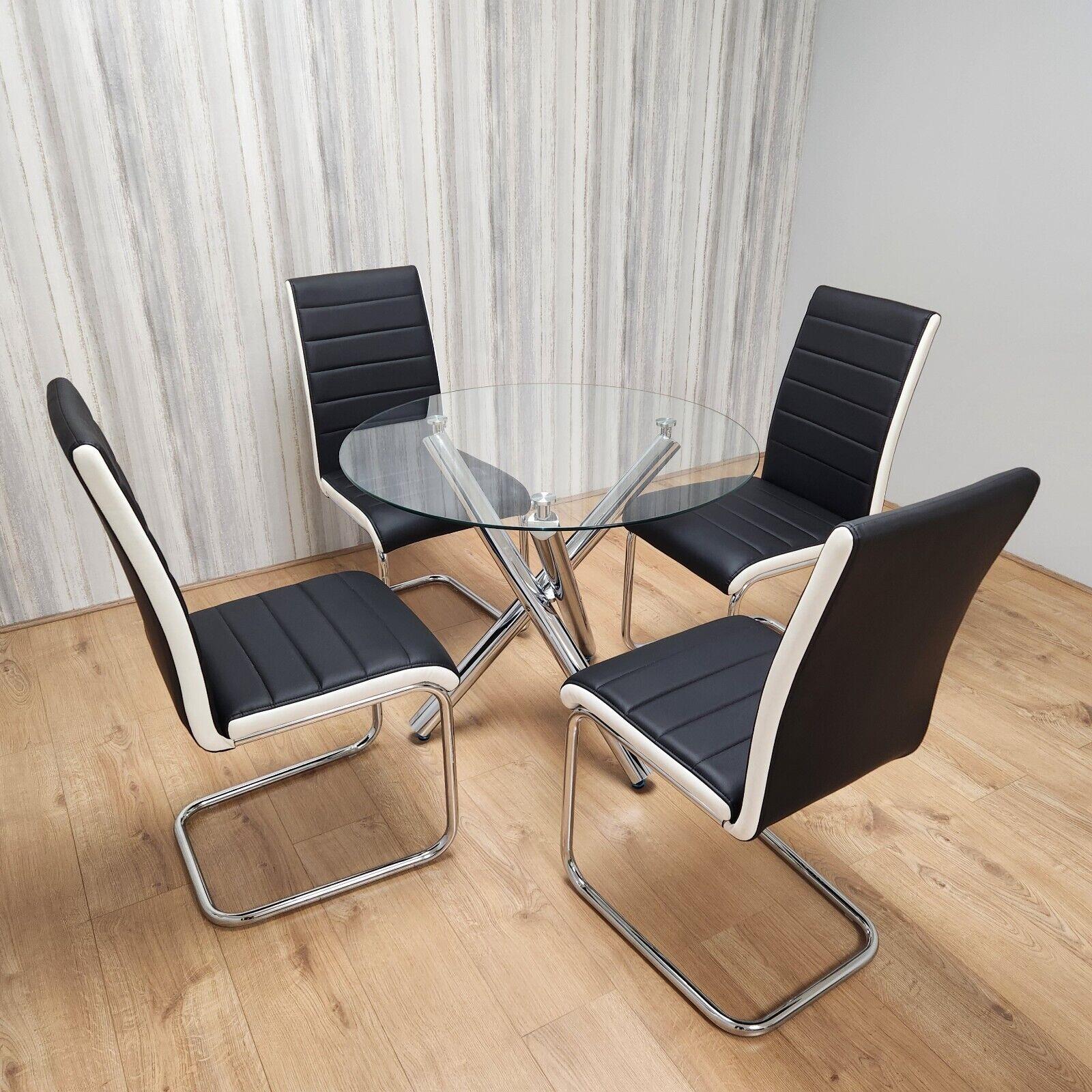 Round Chrome Metal and Clear Glass Dining Table and 4 Stylish Black White Faux Leather Dining Chairs Set