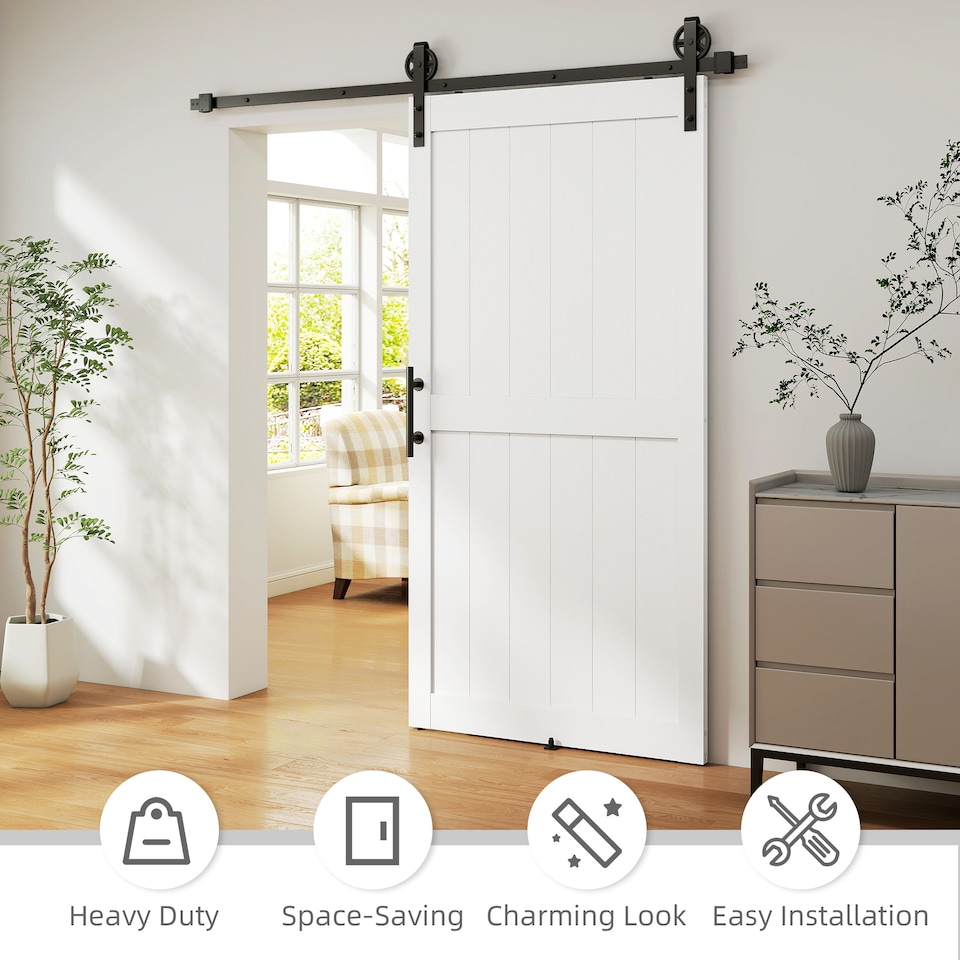 image 1 of HOMCOM 213.4cm Sliding Barn Door Kit, Sliding Door with Track, White