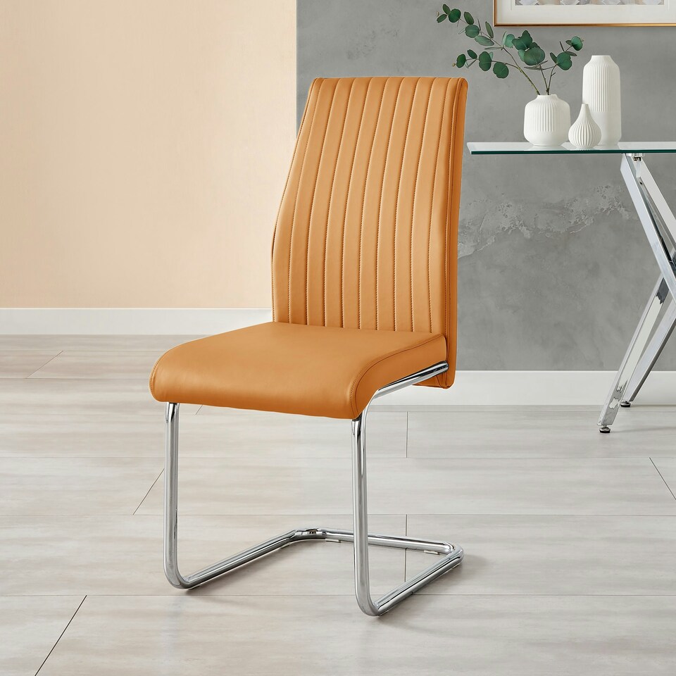 image 1 of Furniturebox 2x Lorenzo Mustard Yellow Faux Leather Chrome Dining Chairs