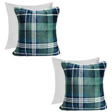 OHS 2 x Hudson Flannel Fleece Check Printed Filled Cushions, 45x45cm - Green