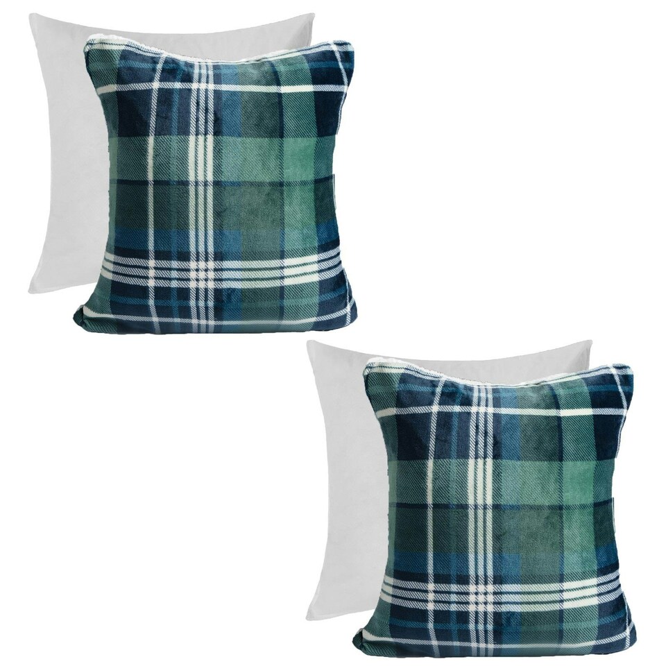 image 1 of OHS 2 x Hudson Flannel Fleece Check Printed Filled Cushions, 45x45cm - Green