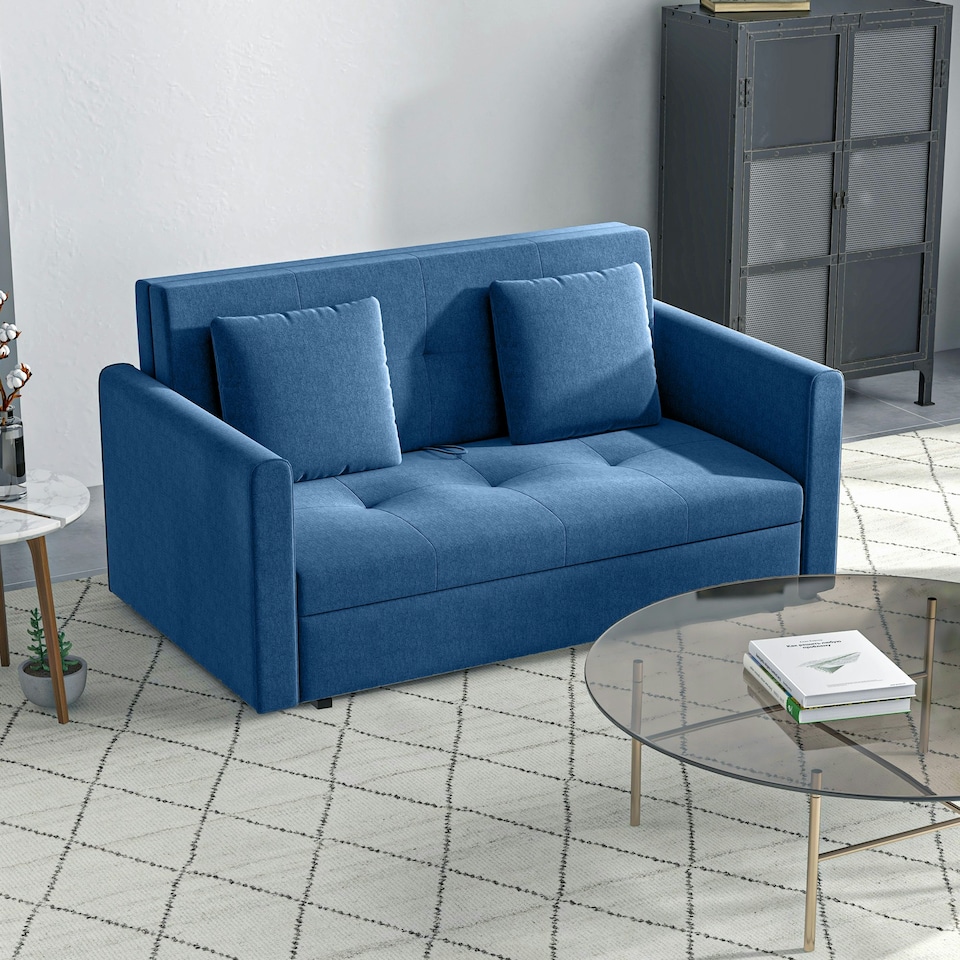 image 1 of HOMCOM 2 Seater Sofa Bed Convertible Bed Settee w/ 2 Cushions Storage Blue