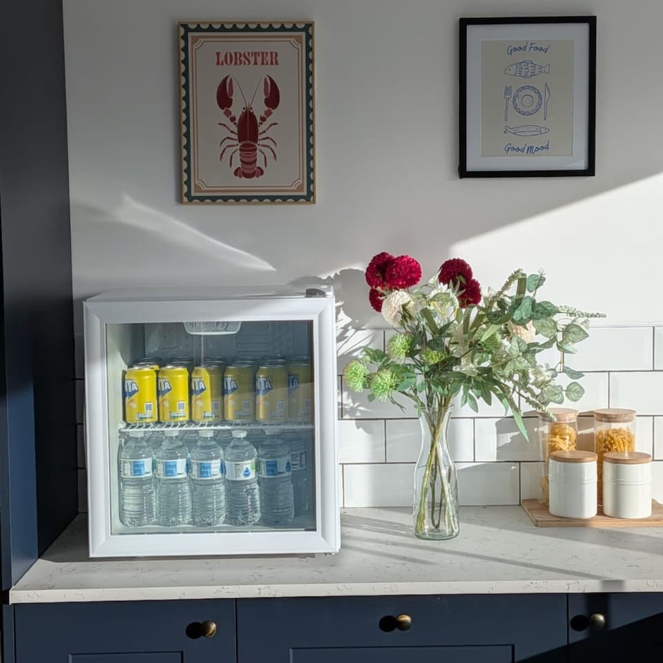 image 1 of SIA DC3W Mini Drinks Fridge, Table Top 46L Wine Cooler With Glass Door, White