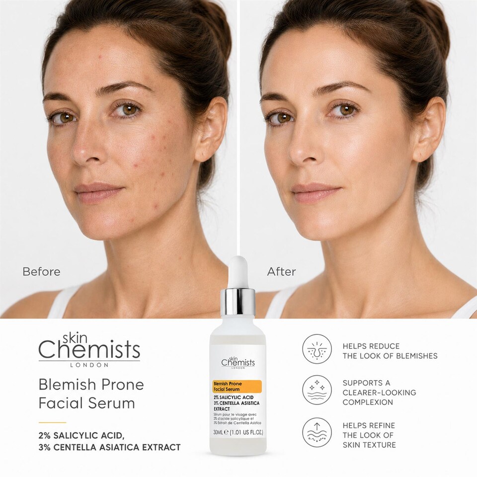 image 1 of skinChemists Blemish Prone 2% Salicylic Acid, 3% Centella Asiatica Facial Serum 30ml