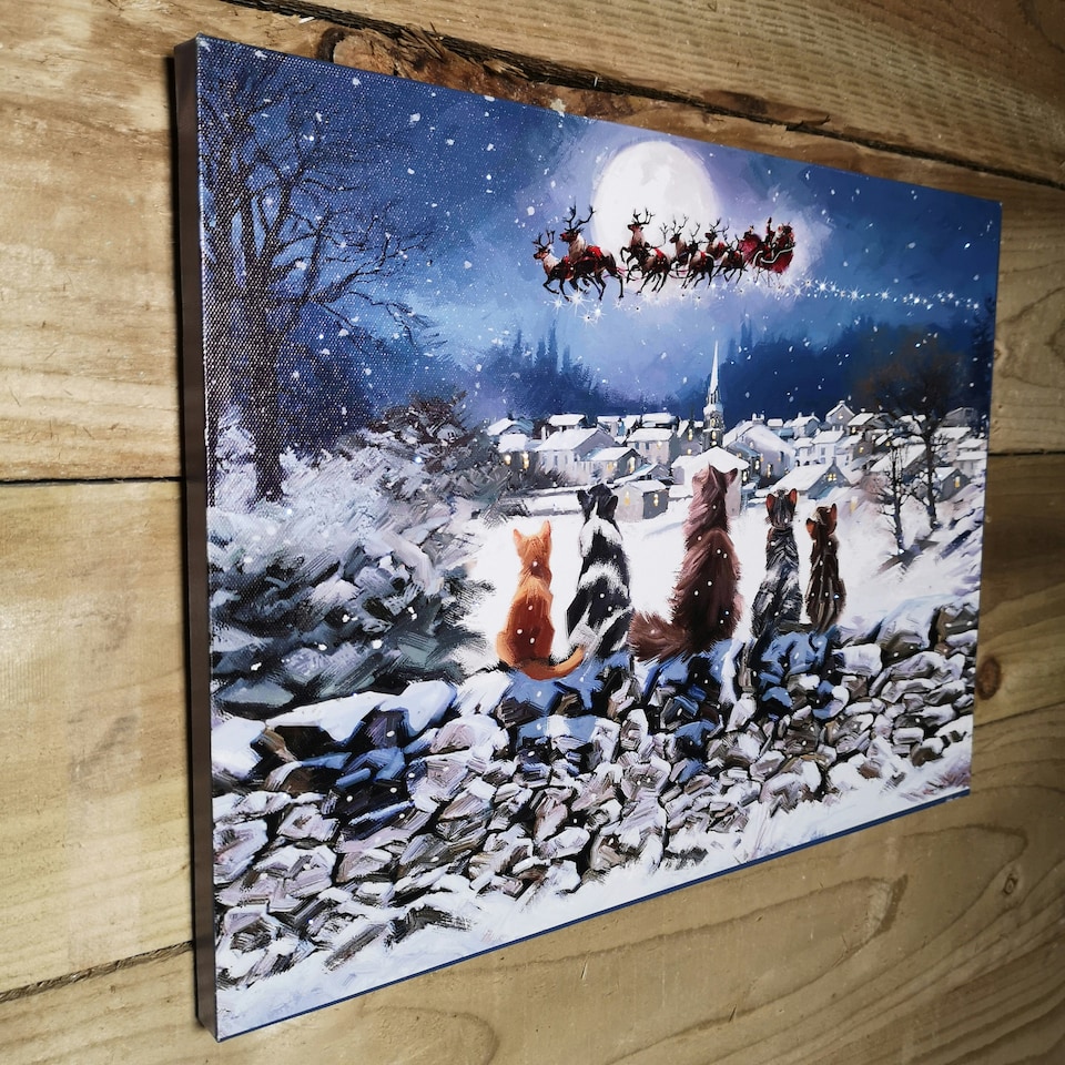 image 1 of 40 x 30cm Snowtime Touch Operated Cats Christmas Fibre Optic Wall Canvas