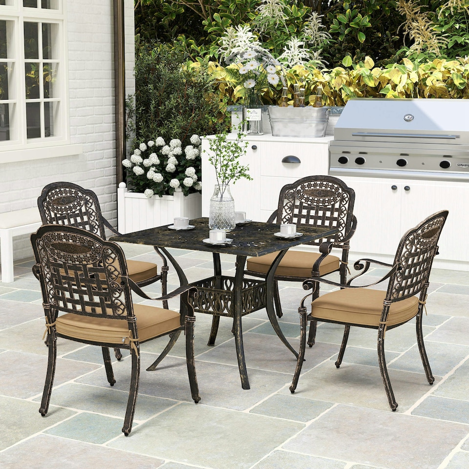 image 1 of Outsunny 5 Pieces Cast Aluminium Garden Dining Set with Parasol Hole, Bronze