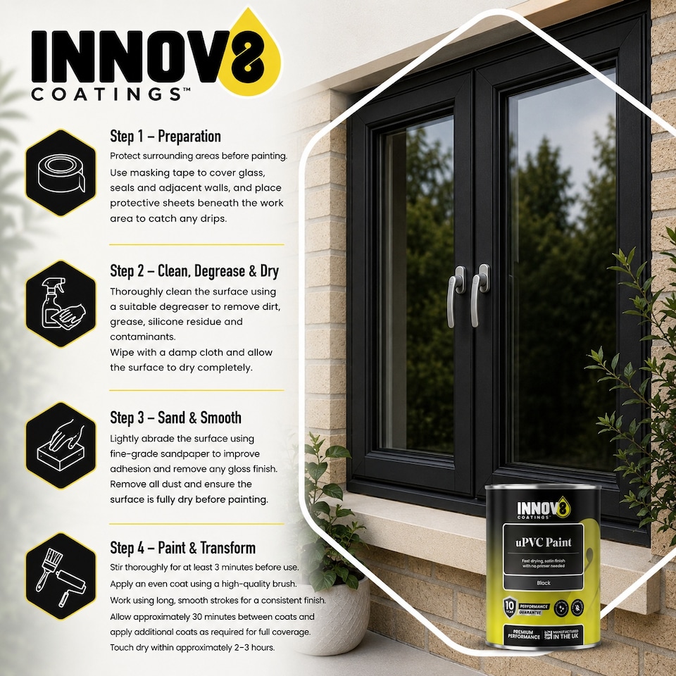 image 1 of Innov8 Coatings uPVC Paint 250ml Satin Finish - Plastic Door & Window Frame Paint - Panther Black