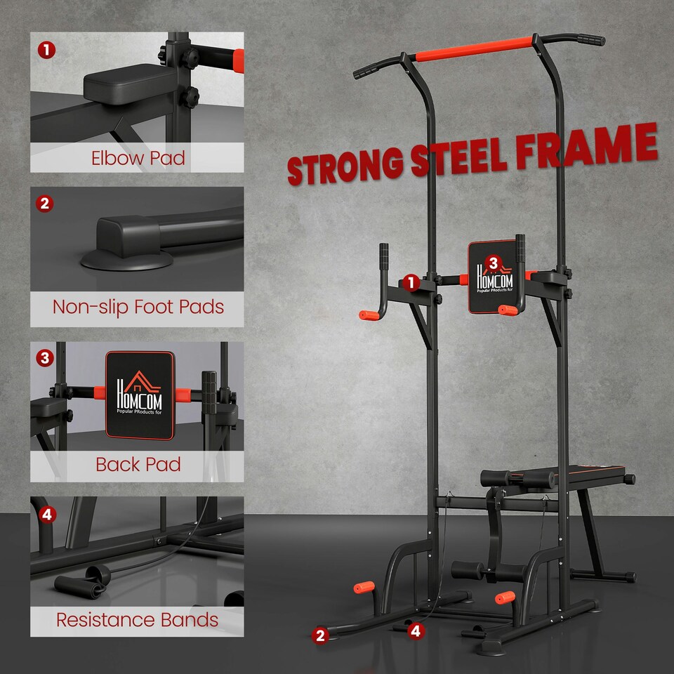 image 1 of HOMCOM Multifunction Home Workout Station Tower Steel Frame w/ Bench Bars Ropes