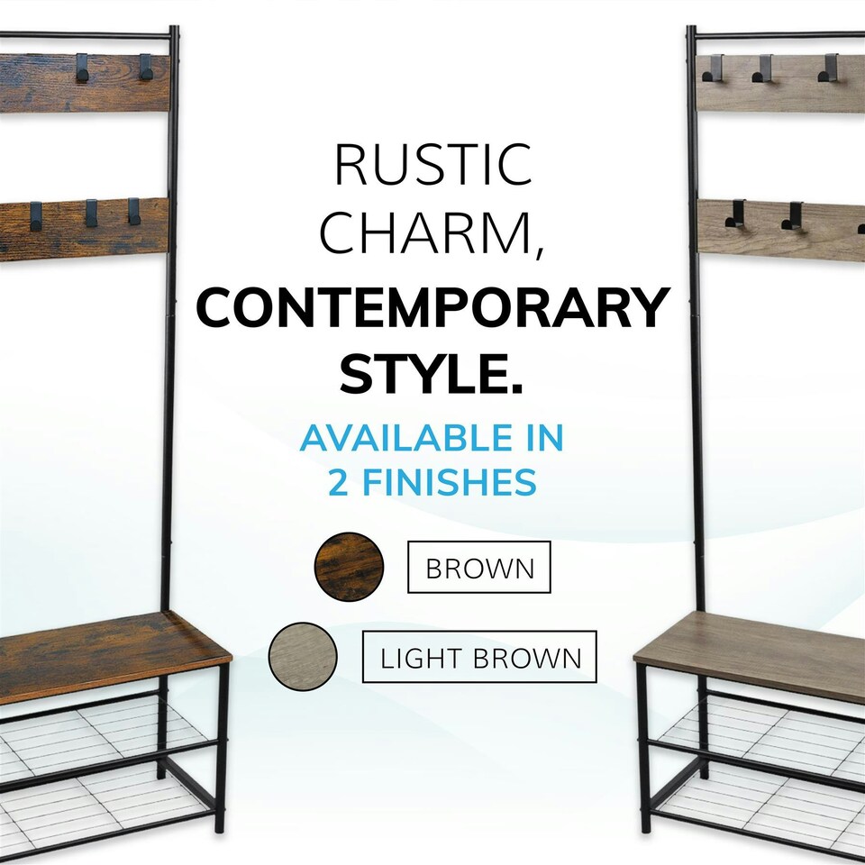 image 1 of Coat Rack Stand with Shoe Storage Bench 9 Hooks Rustic Light Brown Entrance Hall House of Home Brown | Light Rustic Brown | One Size