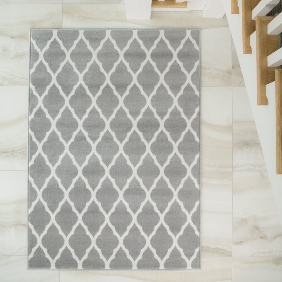 image 1 of KUKOON Grey White Classic Trellis Living Area Rug 60cm x 110cm