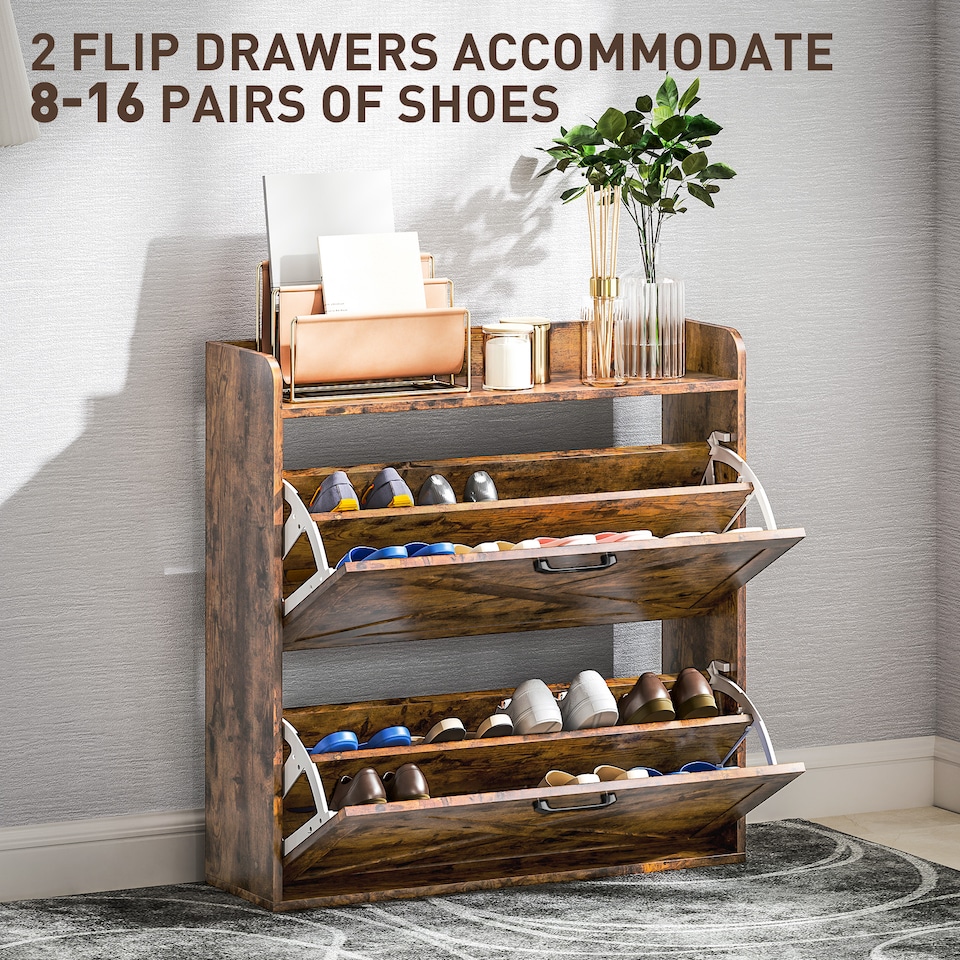 image 1 of HOMCOM 2 Drawer Narrow Shoe Cabinet, Farmhouse Slim Shoe Storage Cabinet Cupboard with Adjustable Shelves and Barn Door Design for Entryway, Hallway, Rustic Brown | Brown