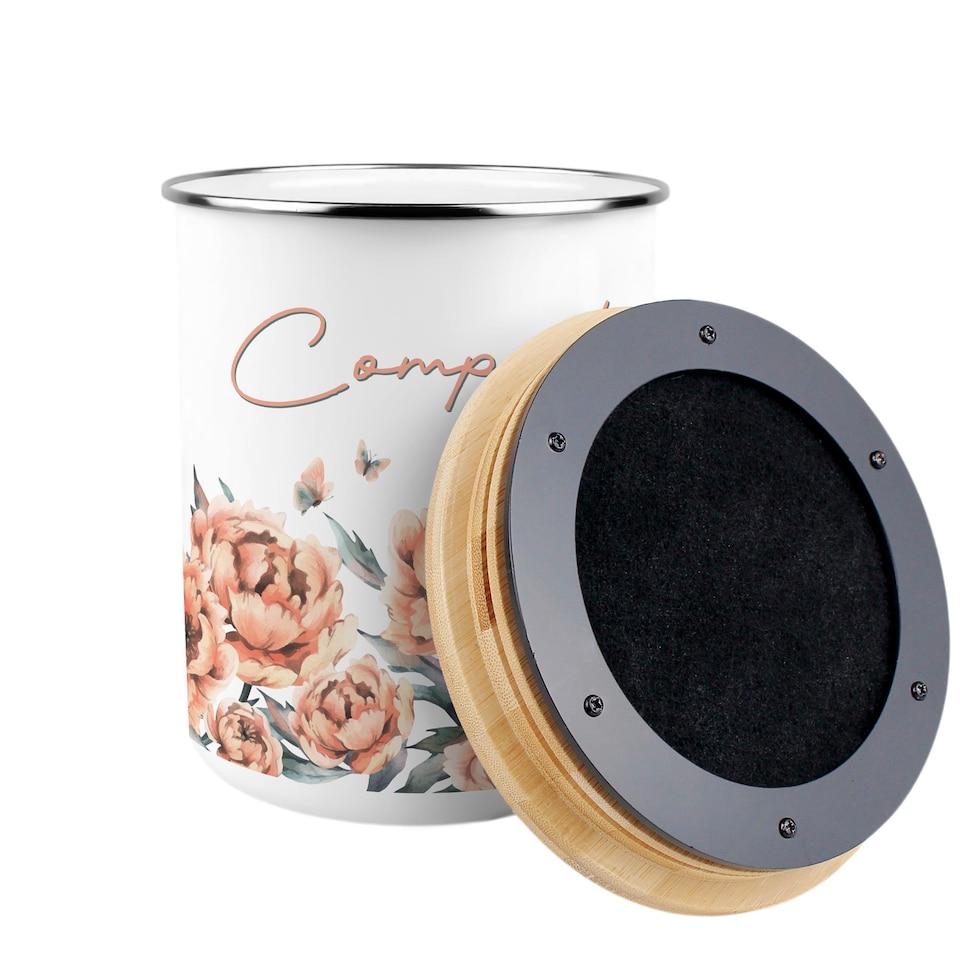 image 1 of Peach Peonies Compost Caddy - Metal 2L Decorative Kitchen Food Waste Bin