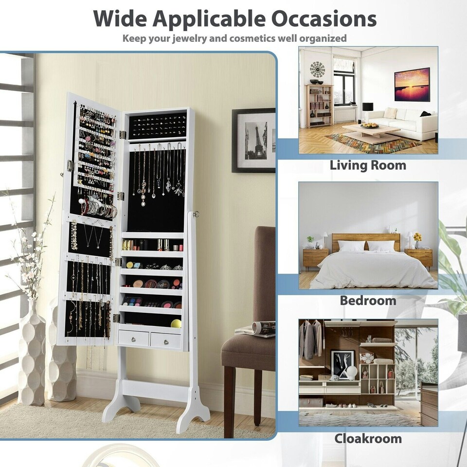 image 1 of COSTWAY Freestanding Jewelry Cabinet Lockable Armoire w/Mirror White