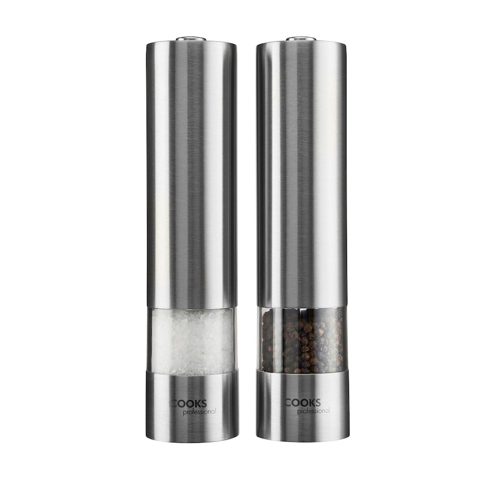 image 1 of Cooks Professional Electric Salt & Pepper Mill - Stainless Steel Automatic Grinder - Silver