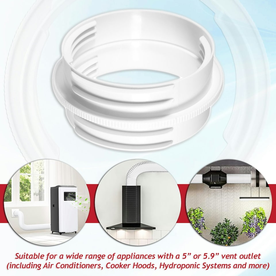 image 1 of SPARES2GO Vent Outlet Hose Connector Coupler Threaded Air Con Cooker Hood Hydroponics Duct Pipe Extension Ring (5" / 5.9") White