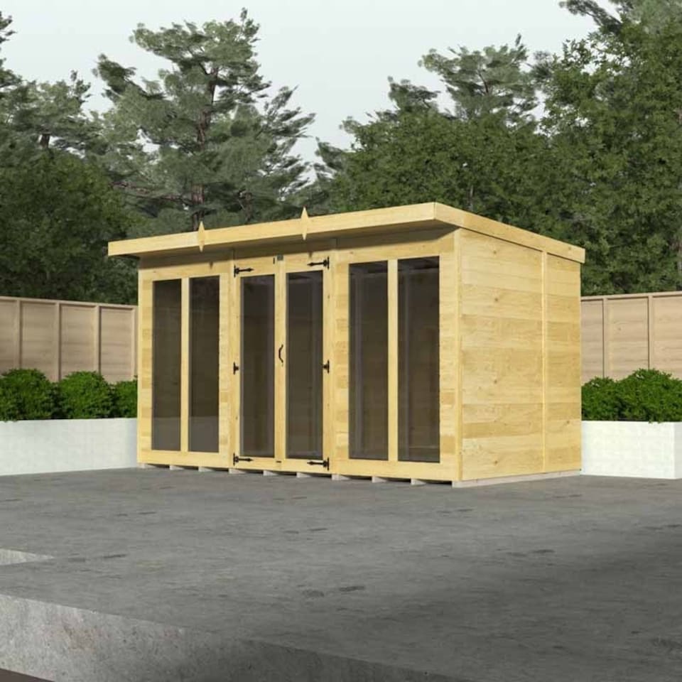 image 1 of 12ft x 4ft Pent Summer House (Full Height Window) - Wood - L118 x W358 x H201 cm Brown