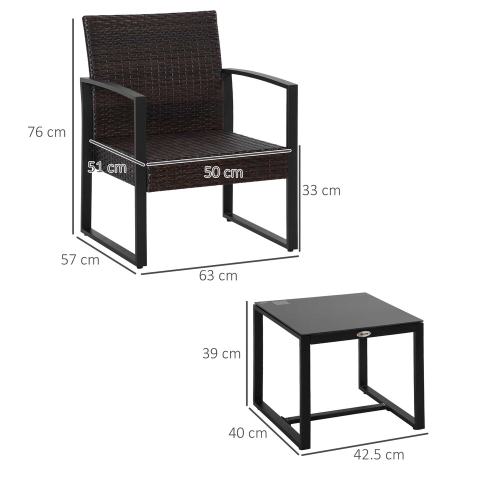 image 1 of Outsunny 3 Pieces Rattan Bistro Set, Wicker Garden Furniture Set with Glass Top Coffee Table and Chairs, Washable Cushions, for Outdoor, Patio, Balcony, Beige