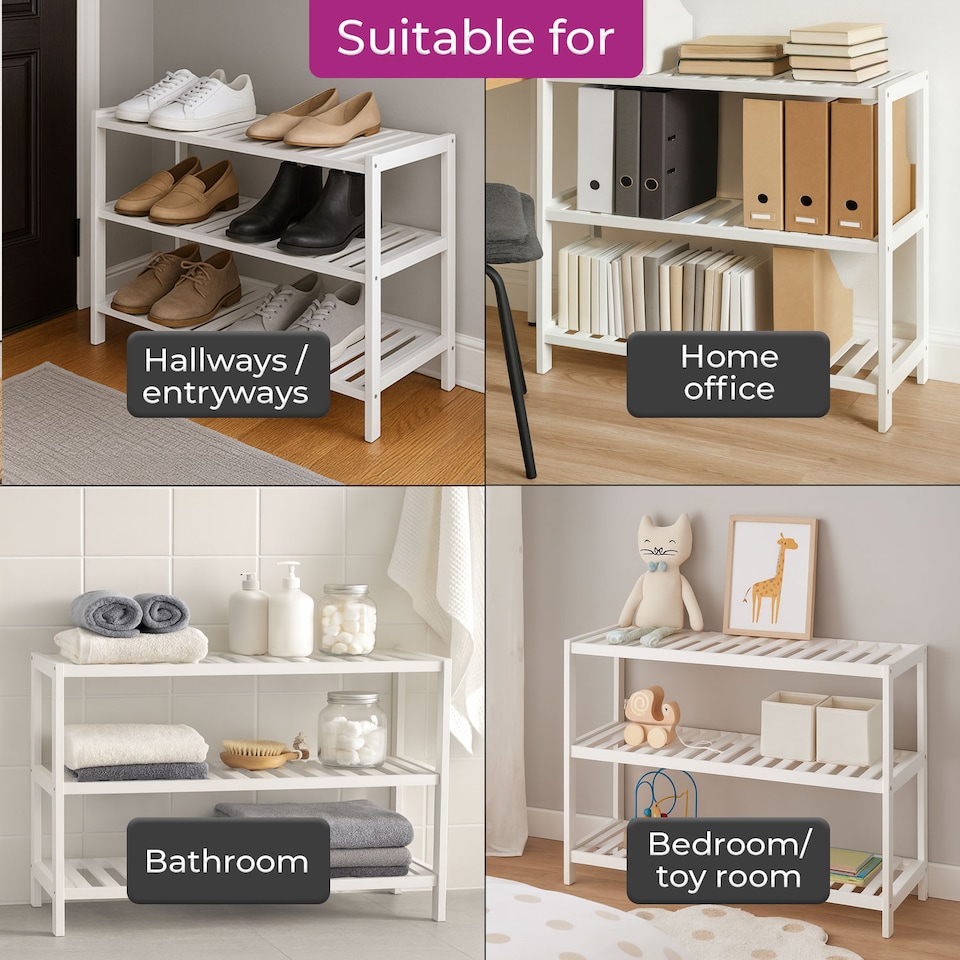 image 1 of Neo White 3-Tier Bamboo Shoe Rack Stand Natural Wooden Shoe Storage Shelf for Hallway Bedroom Bathroom | White | White