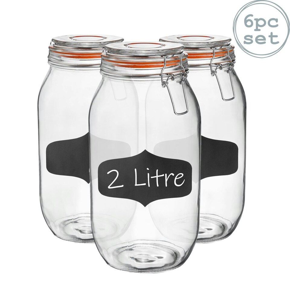 image 1 of Argon Tableware Glass Storage Jars with Labels - 2 Litre - Orange Seal - Pack of 6