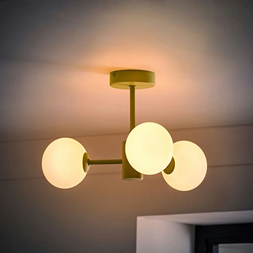 image 1 of ValueLights Marlow Sage Green Opaque Glass Globe 3 Arm Ceiling Light with LED Bulbs