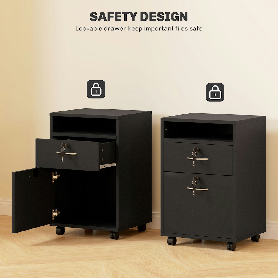 image 1 of HOMCOM 60cm Filing Cabinet with Drawers and Open Shelf, Black