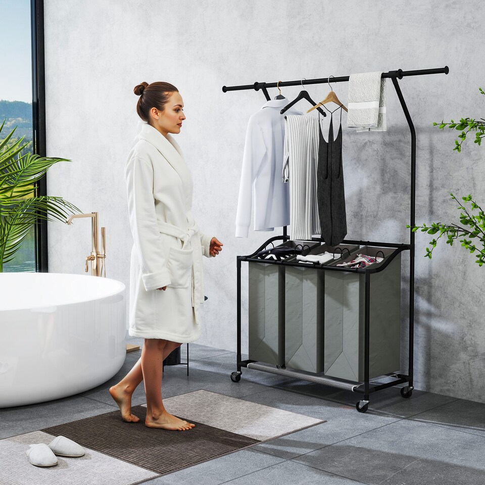 image 1 of HOMCOM 126L Laundry Sorter, Rolling Wash Basket with Hanging Rail and Mobile 3-Bag Organiser for Bedroom, Bathroom, Laundry Room, 88-149.5L x 40W x 167H cm, Dark Grey | Grey