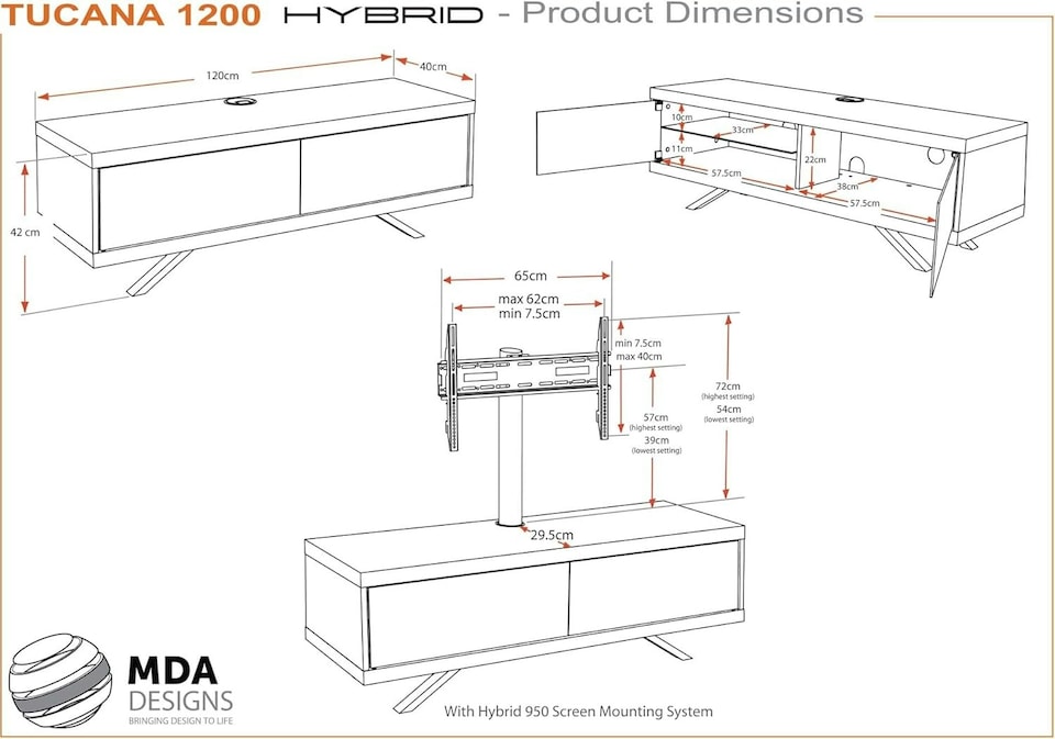 image 1 of MDA Designs TUCANA 1200 HYBRID Black Oak TV Cabinet BeamThru Remote-Friendly Doors up to 60" Flat Screen TVs with Mounting Arm | Brown | 1