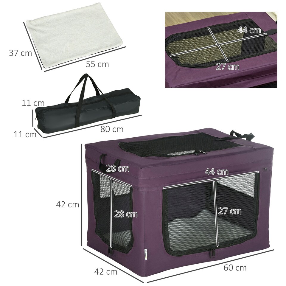 image 1 of PawHut 60cm Soft Side Pet Carrier w/ Cushion, for Miniature Dogs - Purple