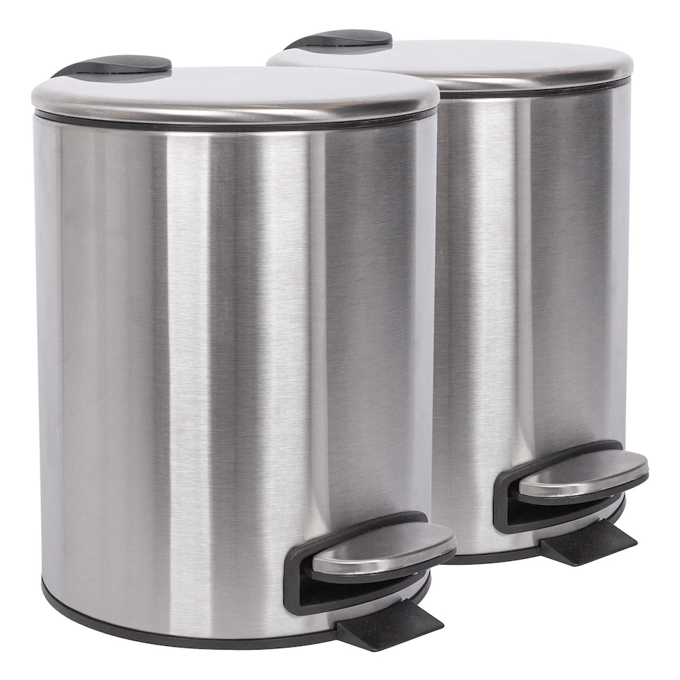 image 1 of Harbour Housewares 2x Bathroom Pedal Bins - 5L - Brushed - Round Stainless Steel Slim Rubbish Dustbin Lid and Inner Liner Bucket