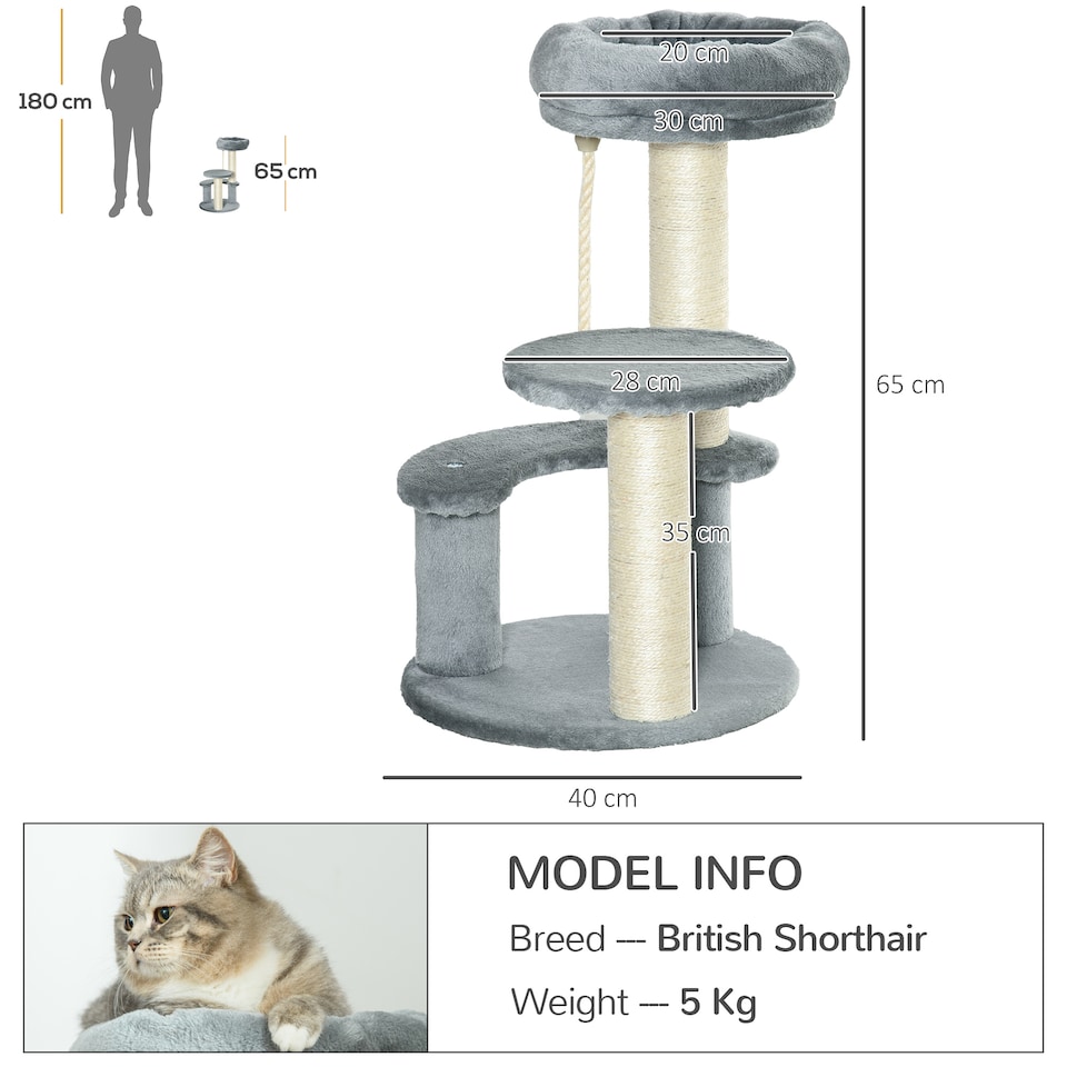 image 1 of PawHut 65cm Cat Tower, Small Cat Condo with Sisal Posts, Rope, Perches Grey