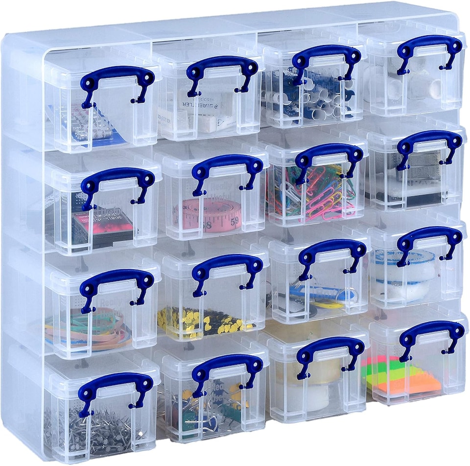 image 1 of Really Useful Organiser, 16 x 0.14 Litre Storage Boxes in a Clear Plastic Organiser and Clear Boxes