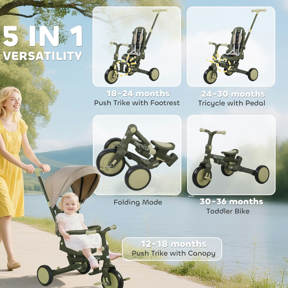 image 1 of AIYAPLAY 5 in 1 Foldable Kids Trike, Toddler Tricycle for 1-3 Years, Dark Green