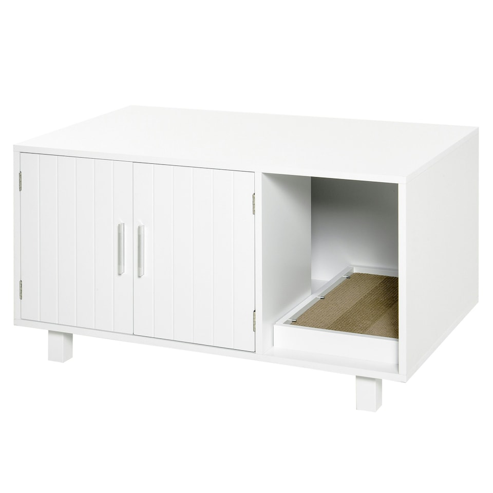 image 1 of PawHut Cat Litter Box Enclosure & House w/ Nightstand/End Table Design, White