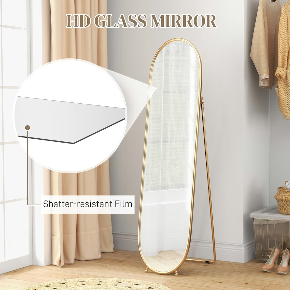 image 1 of HOMCOM Oval Full Length Mirror with Metal Frame Hanging or Leaning Gold Tone