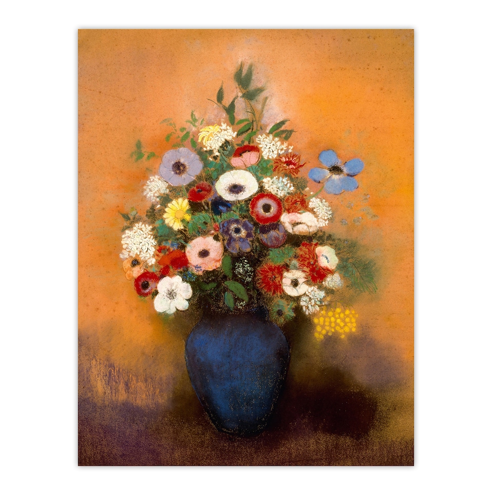 image 1 of Anemones and Lilacs in Blue Vase Redon Vintage Huge Wall Art Print 18X24 In