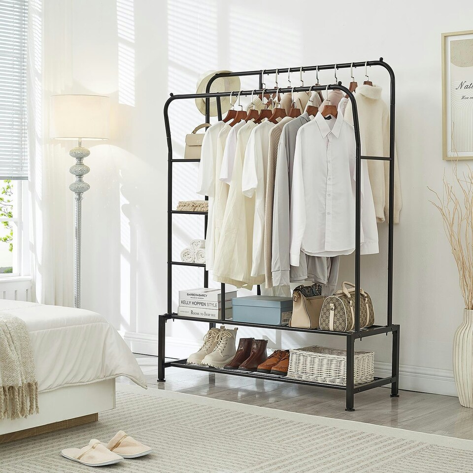image 1 of Clothes Rail with Double Hanging & Shelves Black Metal Garment Rack Heavy Duty Black | One Size