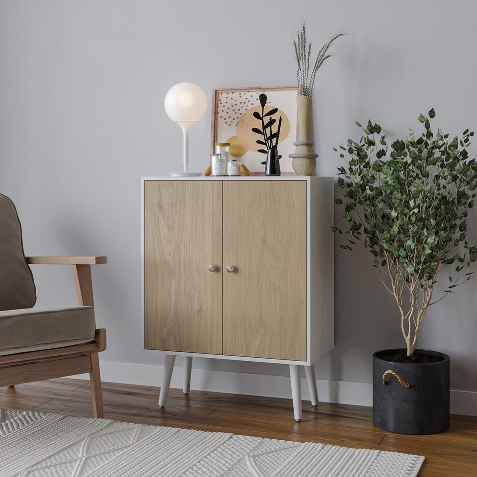 image 1 of White 60cm 2 Door Living Room Storage Cabinet w/ Shelf and Splayed Legs