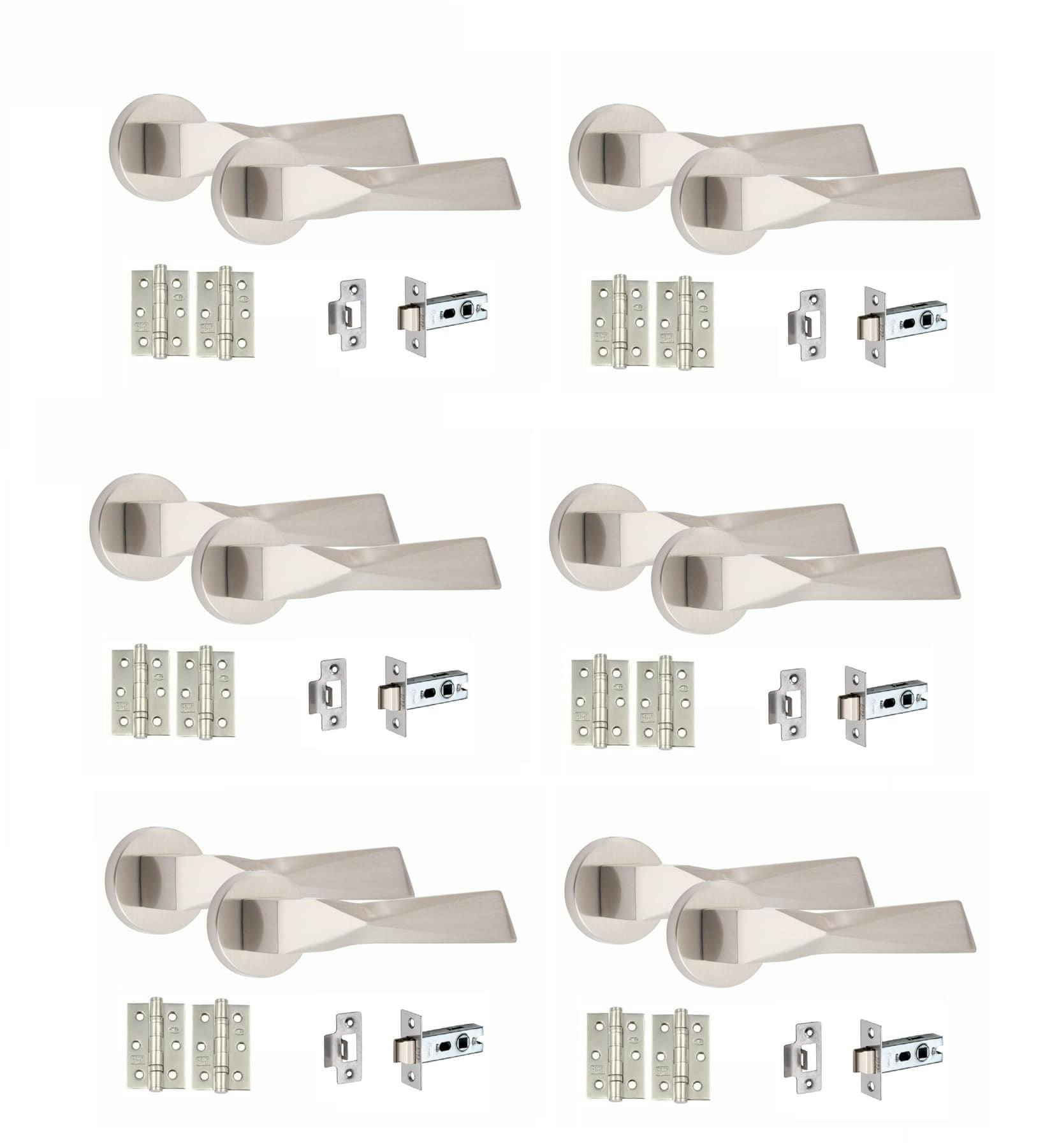 Golden Grace 6 Pairs Modern Aura Design Premium Door Handles on Round Rose in Satin Nickel Finish with 2.5" Latch and 1 Pair of Ball Bearing Hinges Gr