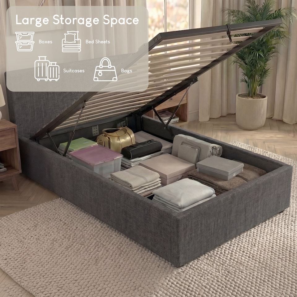 image 1 of Vida Designs Veronica Single Lift Up Linen Ottoman Storage Bed Frame, Dark Grey