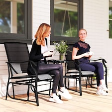 Outsunny Outdoor Double Glider Rocking Chairs with Glass Top Middle Table, Metal Gliding Love Seat Conversation Furniture with Breathable Mesh Fabric Seat, for Garden, Patio, Black